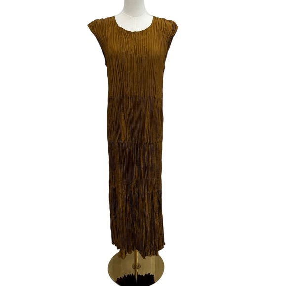 Eileen Fisher Large Bronze Crushed Silk Cap Sleeve Tiered Midi Dress NWT $388 - Picture 3 of 15